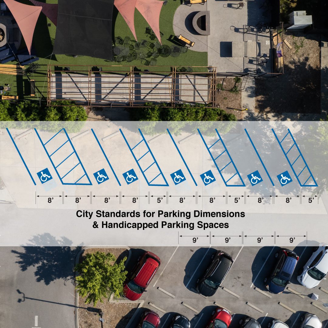 The same parking spaces annotated with city standard dimensions