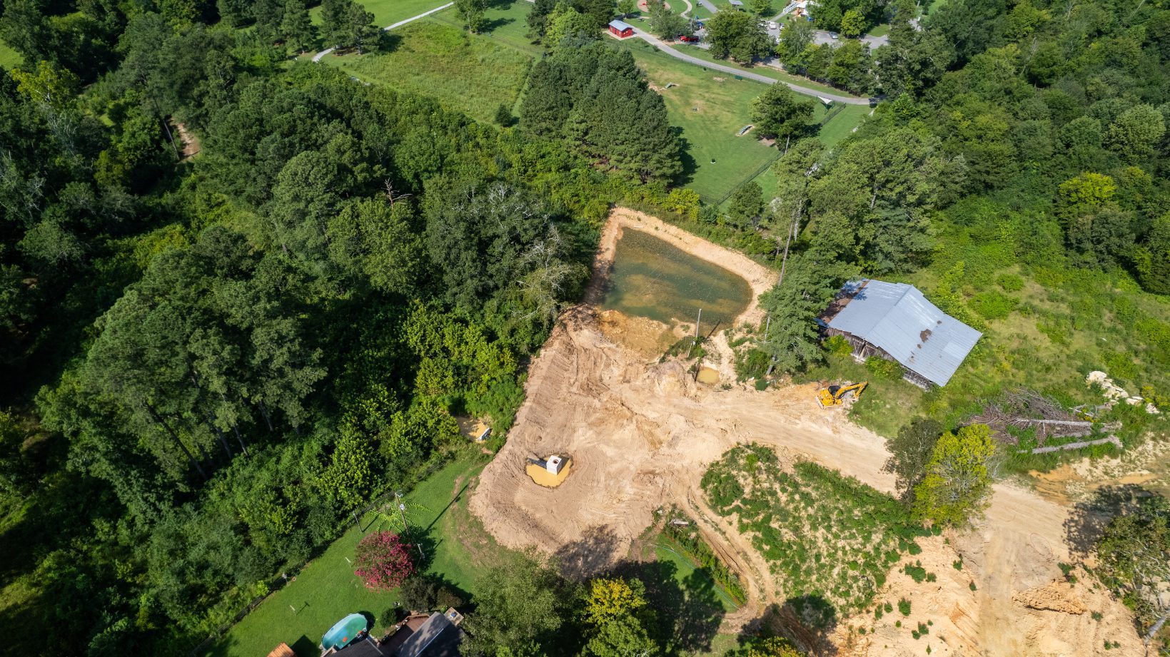 Detention pond and outlet structure seen from an angle