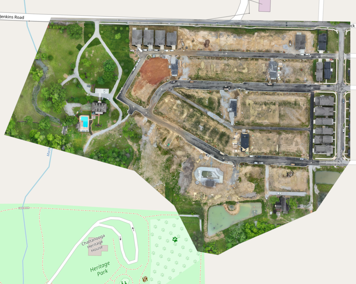 Aerial site plan of Heritage Walk Phase 2A showing streets, lots, ponds and the preserved woodland beside Heritage Park