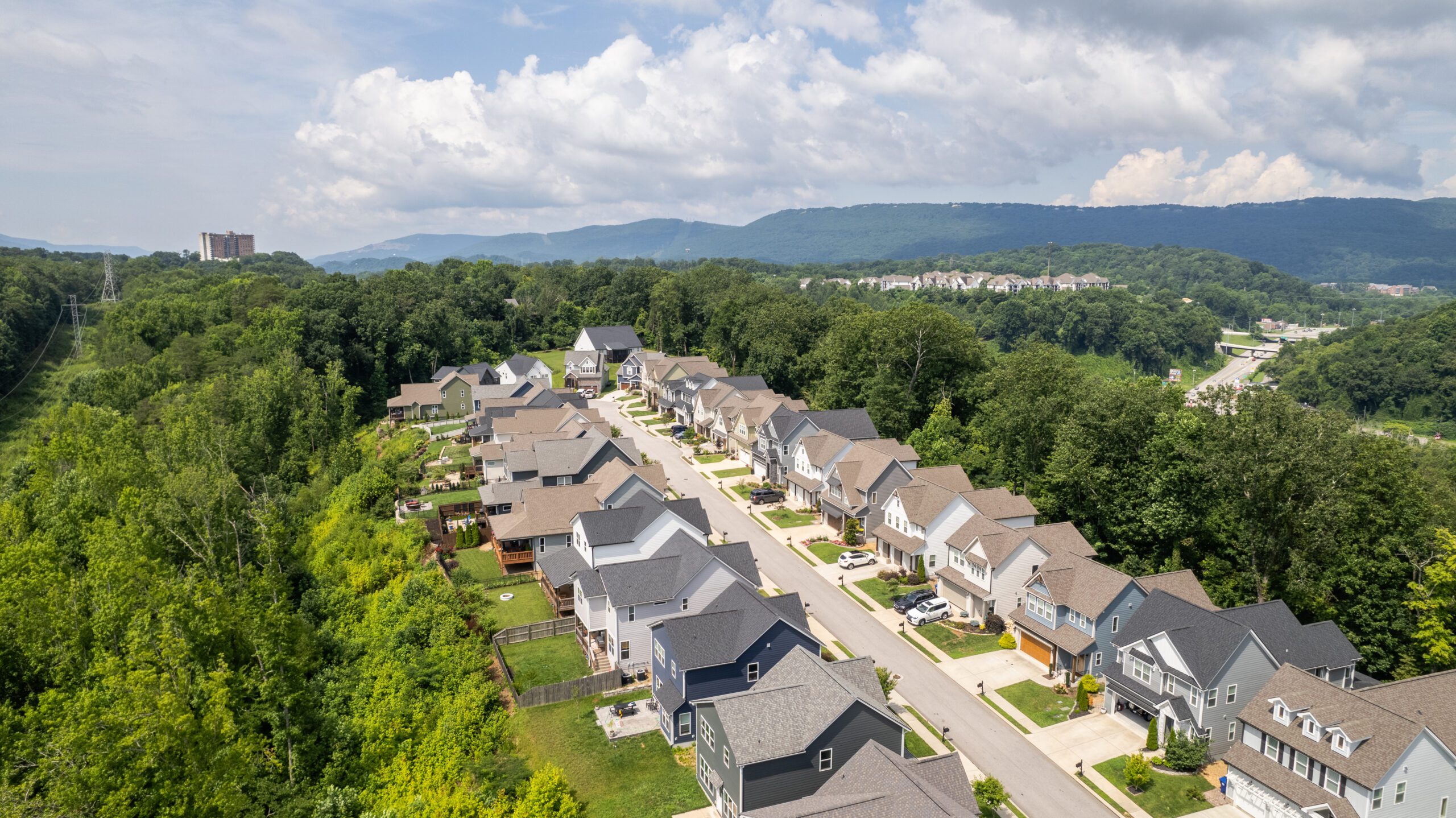 Aerial view of finished homes along both sides of the Northpoint Ridge street, with the wooded slope falling away on either side