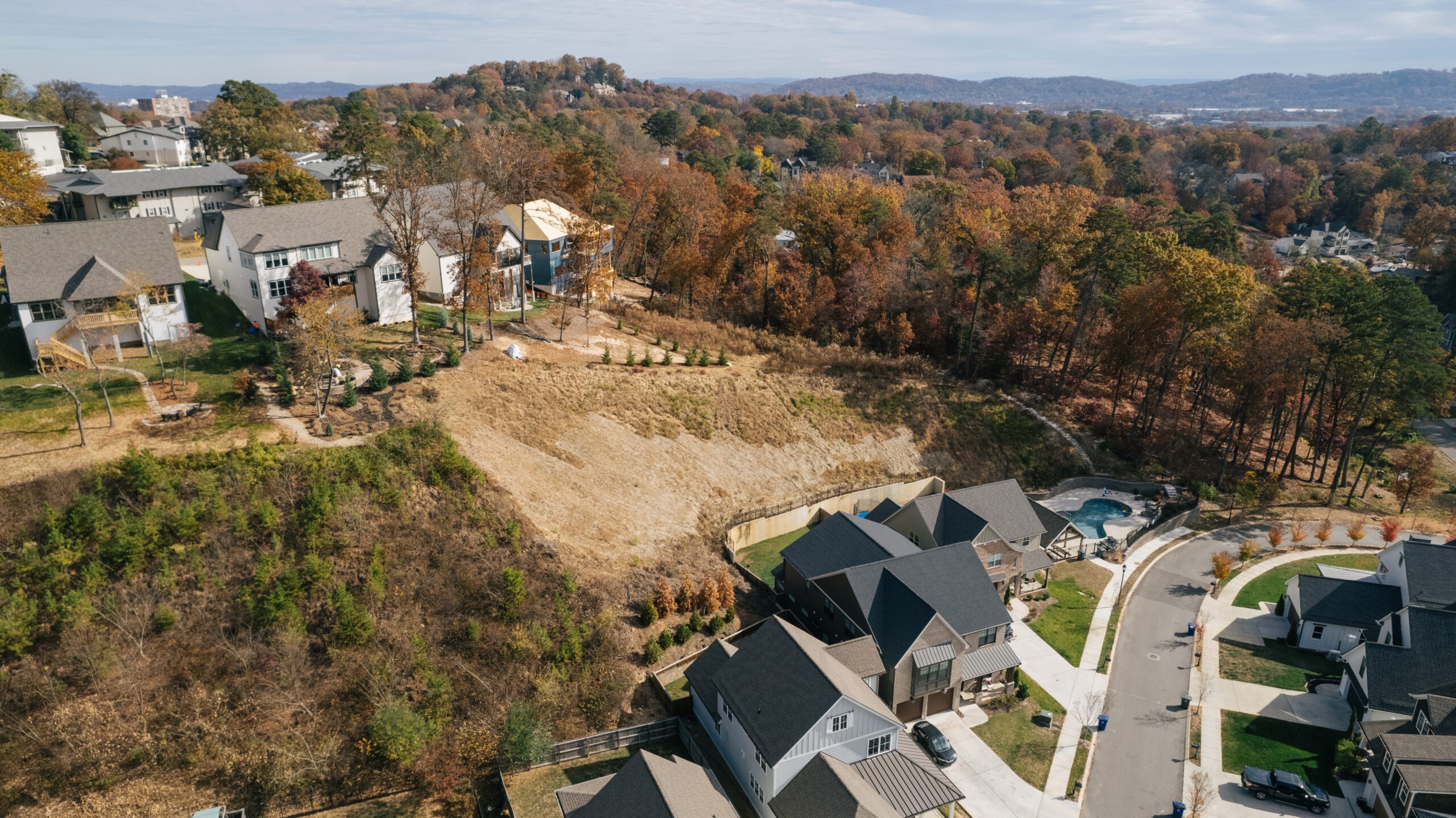 Aerial view of Northshore Heights homes above the tree line with the city beyond
