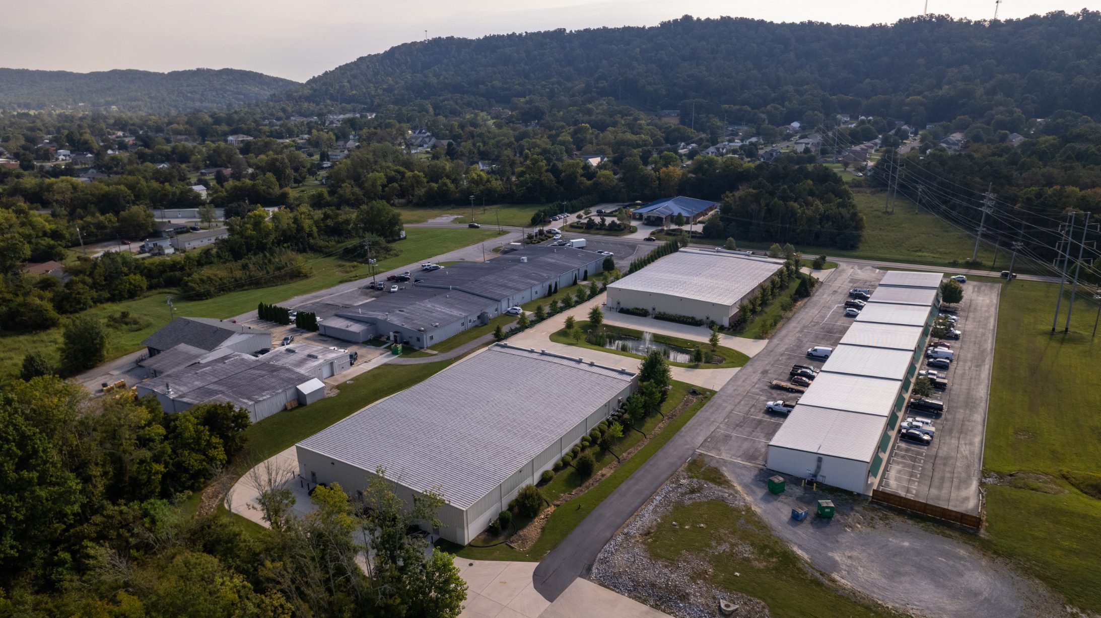 Aerial view of the Rhodes Storage facility in Collegedale with the ridges beyond