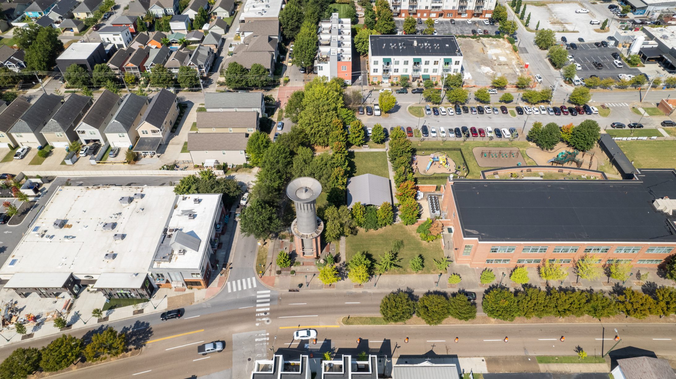 Overhead aerial of the park showing the pavilion, lawn and water tower